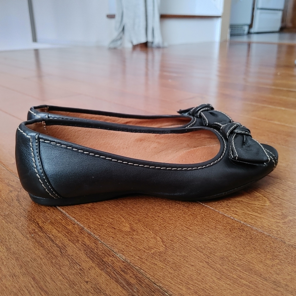 Clarks Black Leather Flats with Bow